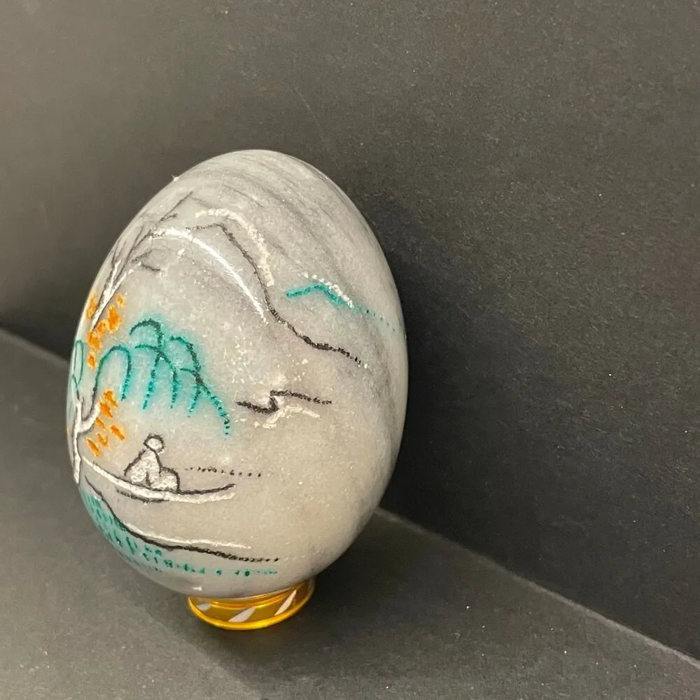 Hand Painted Marble Egg Stone Figurine Asian Landscape Art Decor